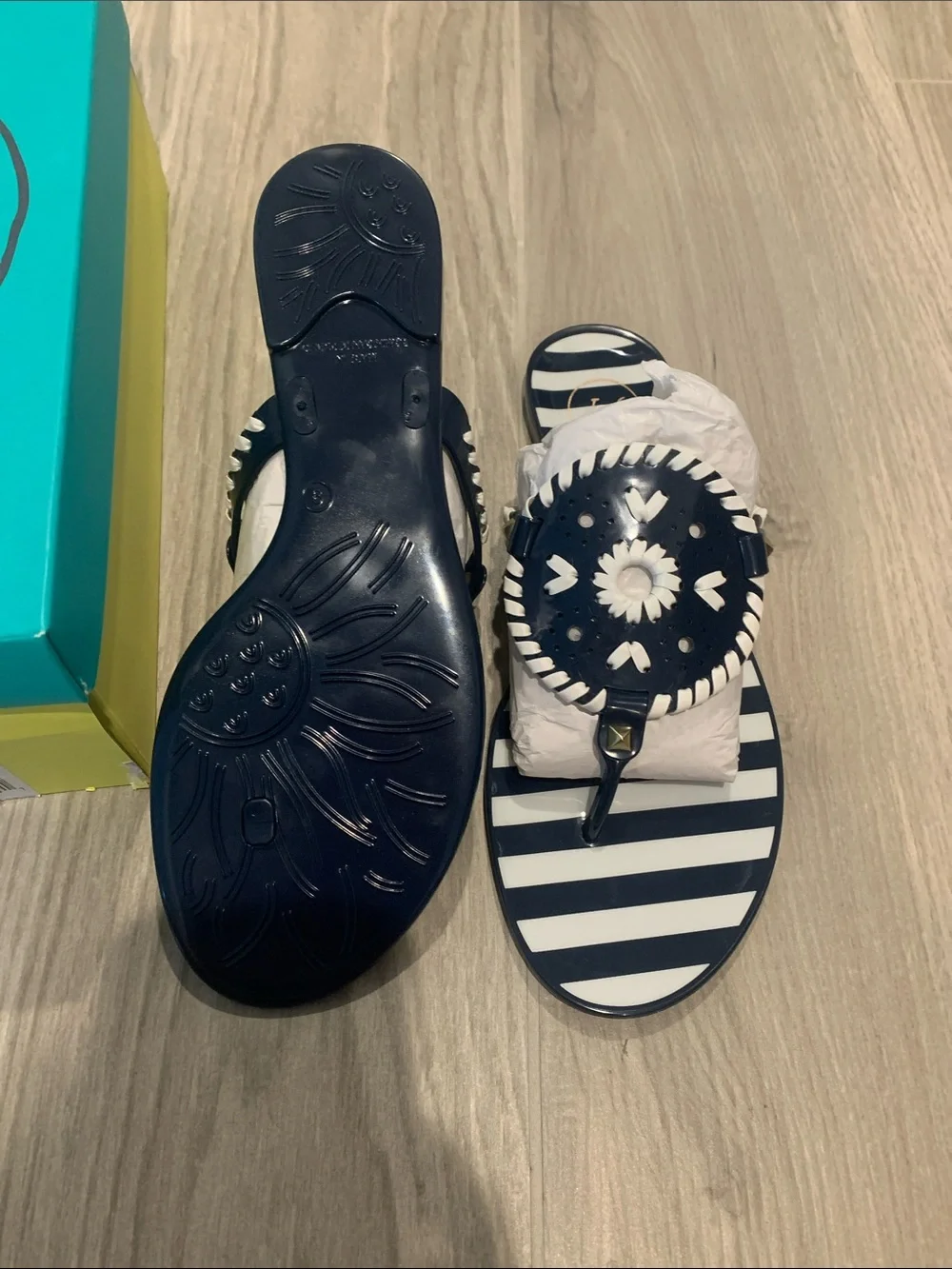 Jack Rogers Navy & White Striped Jelly Sandals with Braided Medallion